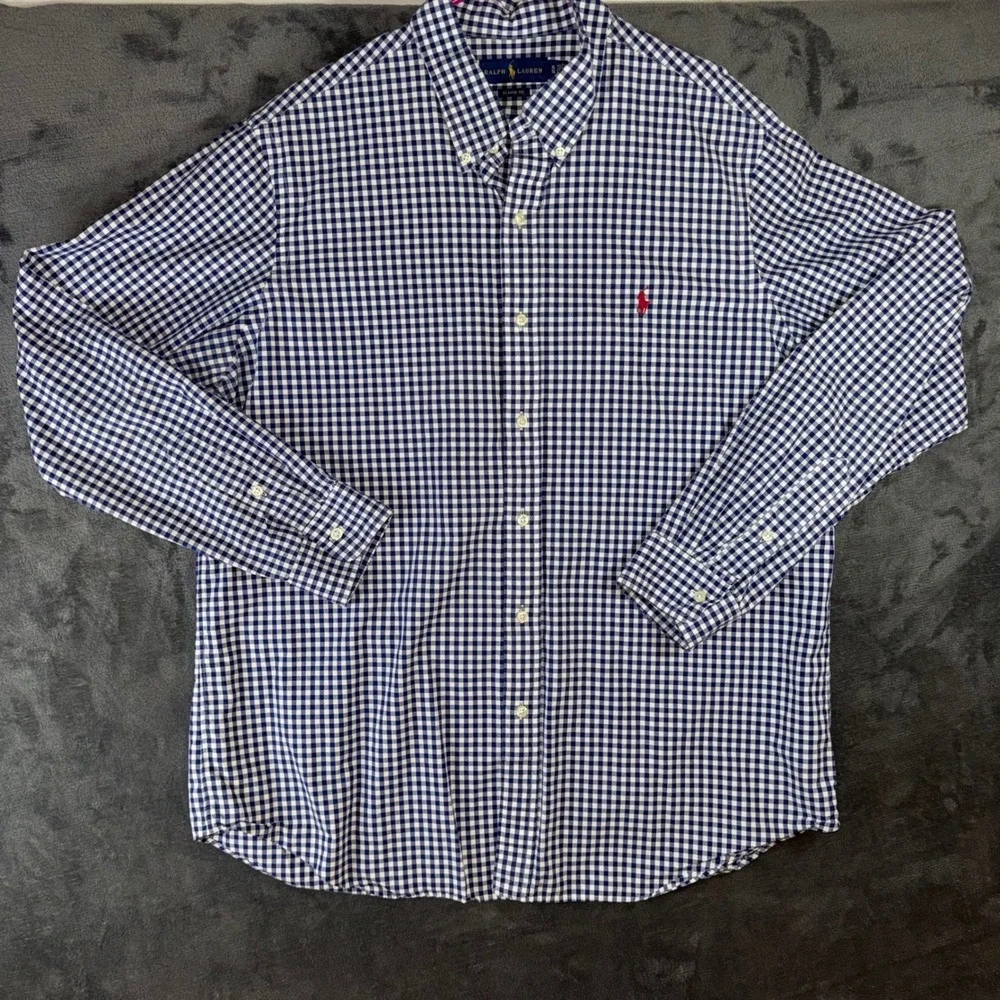 Mens XL Ralph Lauren Button Down Navy Blue Gingham Excellent Classic Fit Shirt